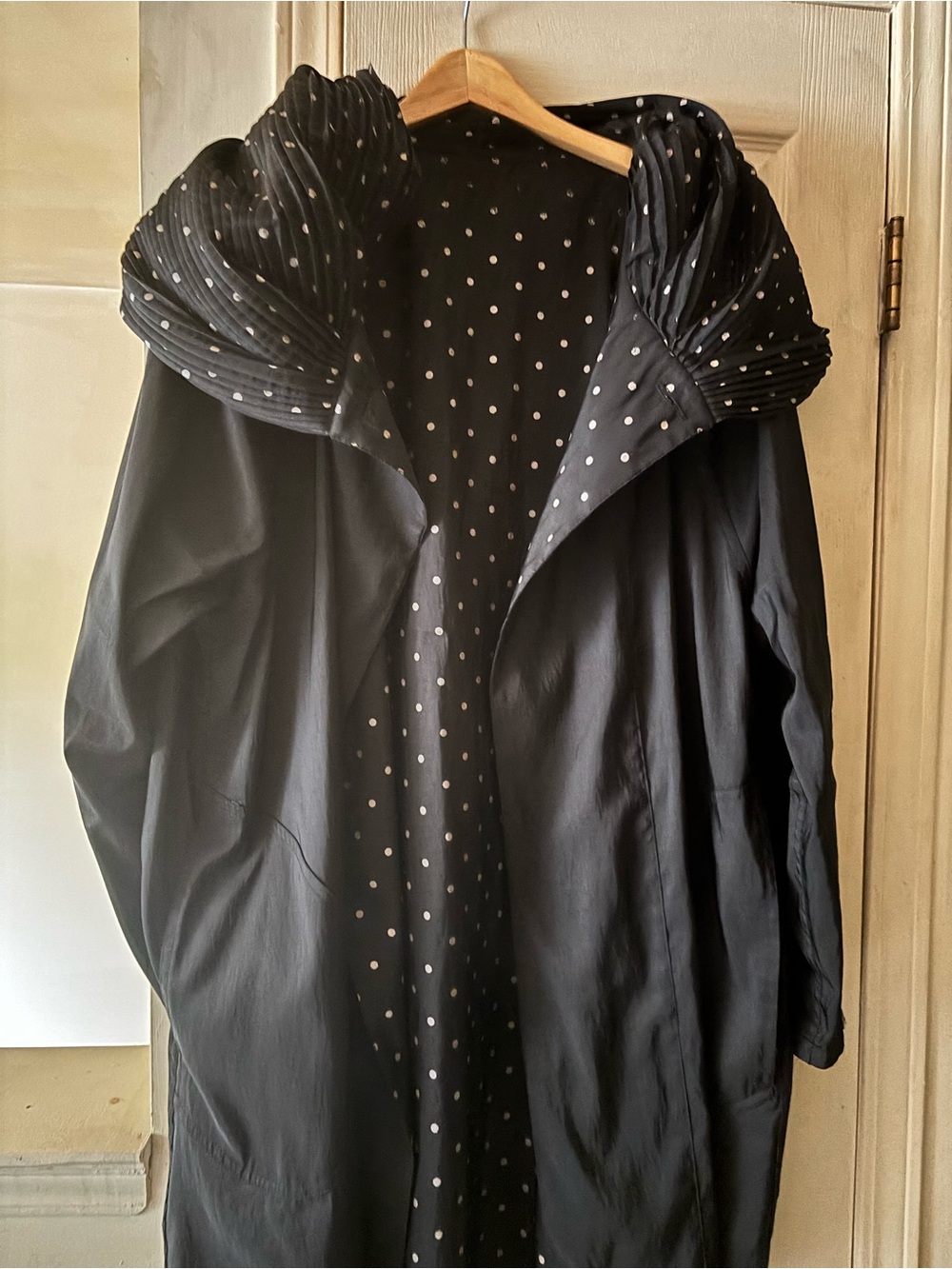 Black Reversible Polka Dot Lined Hooded Rain Coat with pockets